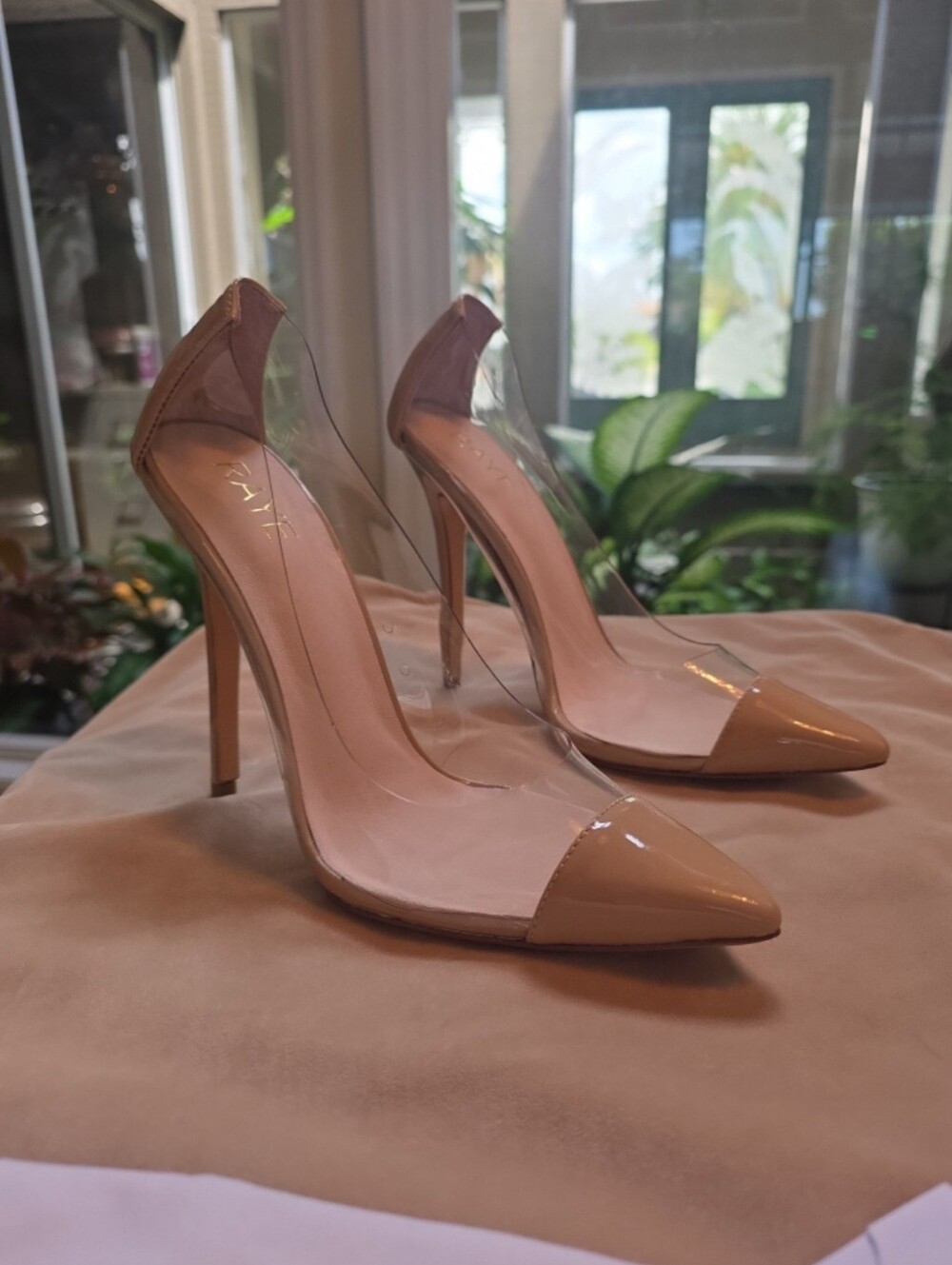 RAYE Nude Patent Pointed-Toe Clear Panel Stilettos Size 9
